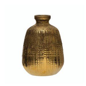 Creative Co-Op 8" Gold Textured Terracotta Vase with Lines / NWOT